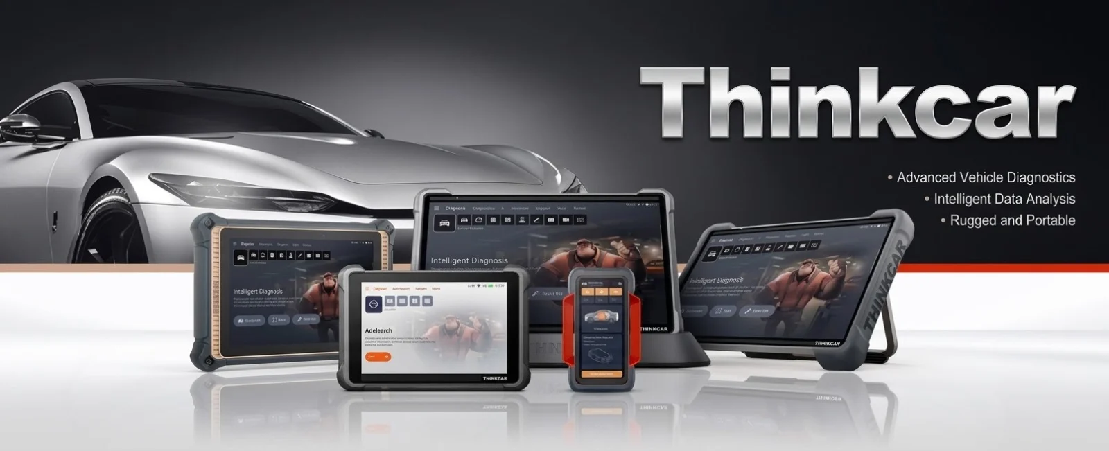 เครื่องมือวิเคราะห์ปัญหารถยนต์ Thinkcar หลายรุ่น วางเรียงหน้ารถสปอร์ตสีเงิน
